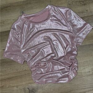 Shimmering Baby Pink Women's Short Sleeve Crop Top Ruched Sides